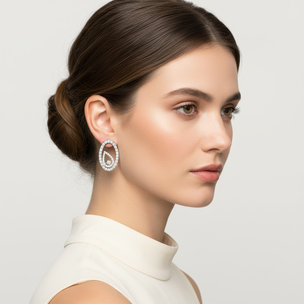 White gold oval pavé diamond drop earrings with pear-shaped diamond accents on model