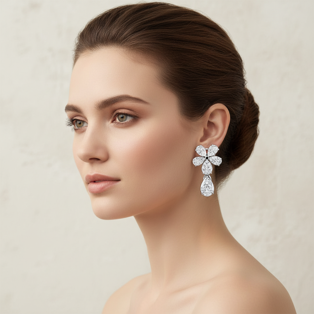 White gold pear-shaped diamond flower drop earrings on model