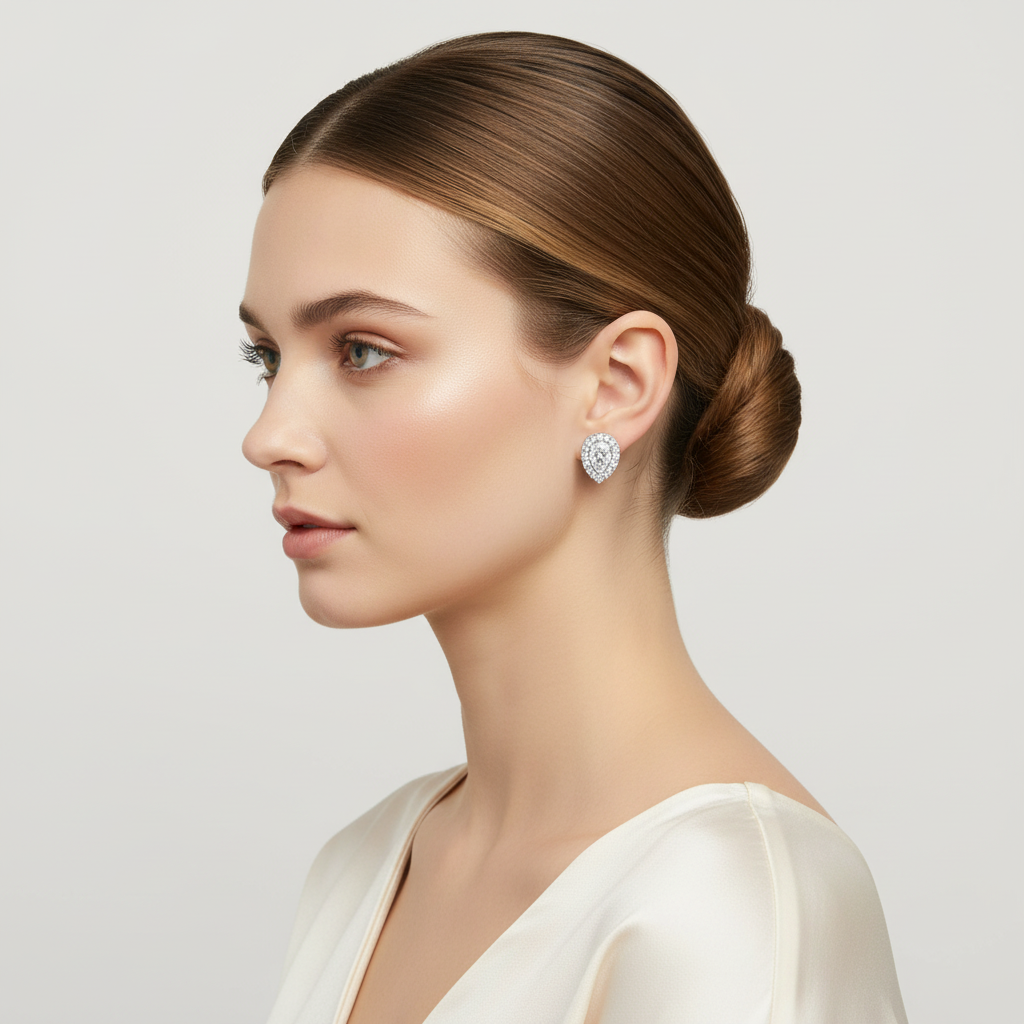 White gold pear-shaped diamond halo stud earrings on model