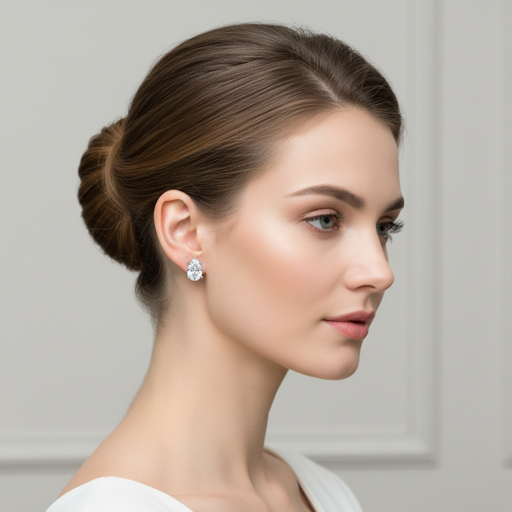 White gold pear-shaped diamond stud earrings on model