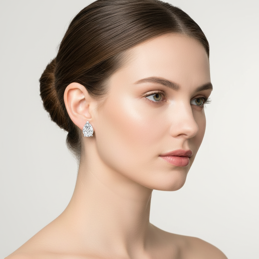 White gold pear-shaped diamond stud earrings on model