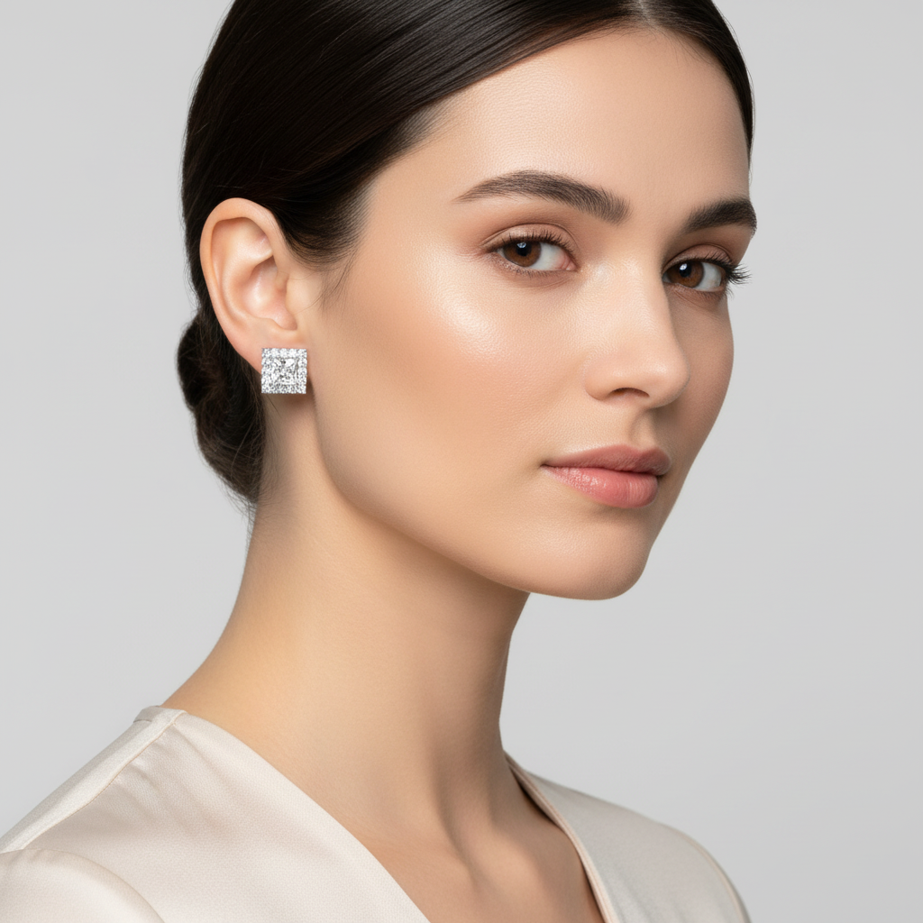 White gold princess-cut diamond halo stud earrings on model
