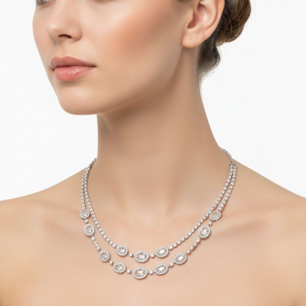White gold rose-cut diamond double-strand necklace on model
