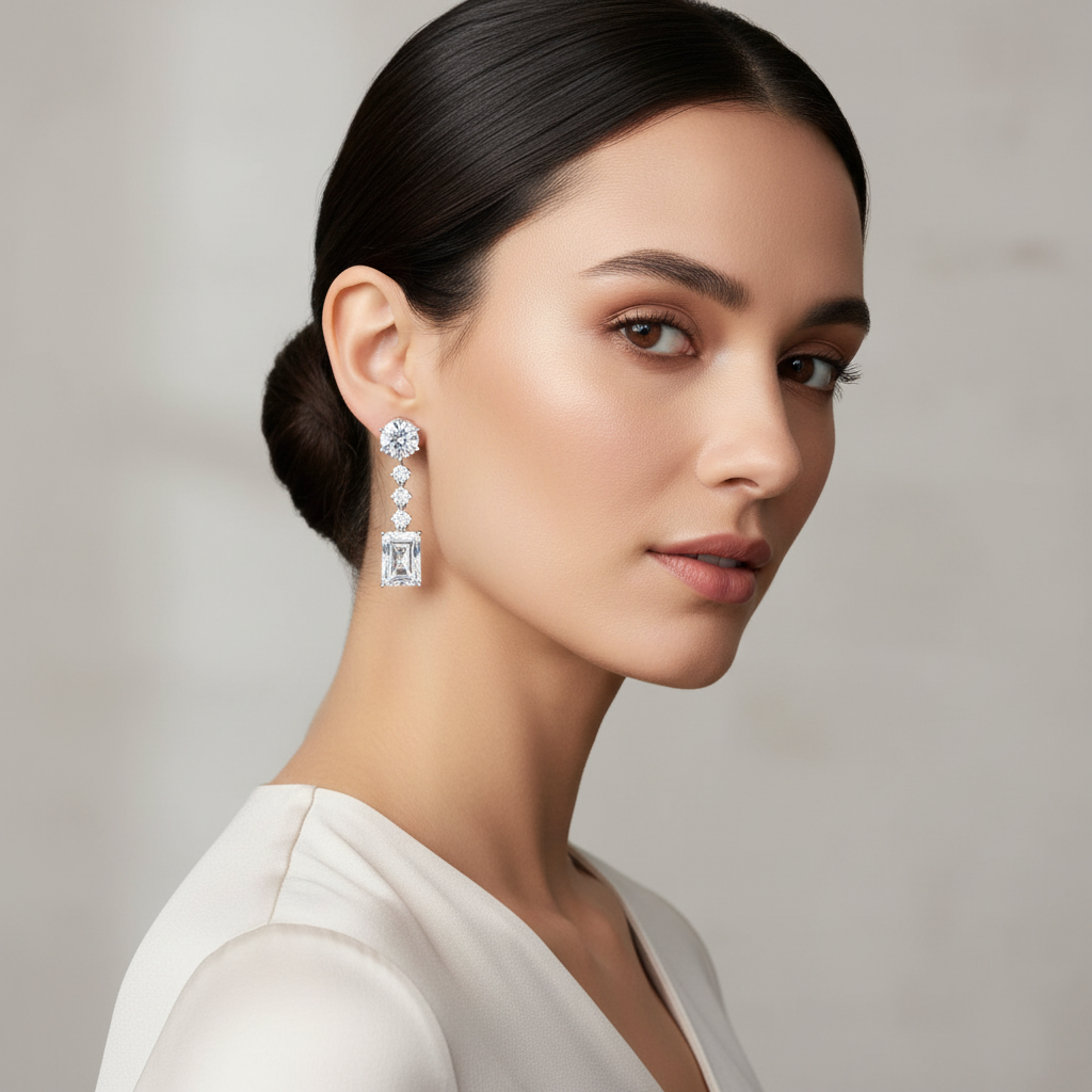 White gold round and emerald-cut diamond drop earrings on model