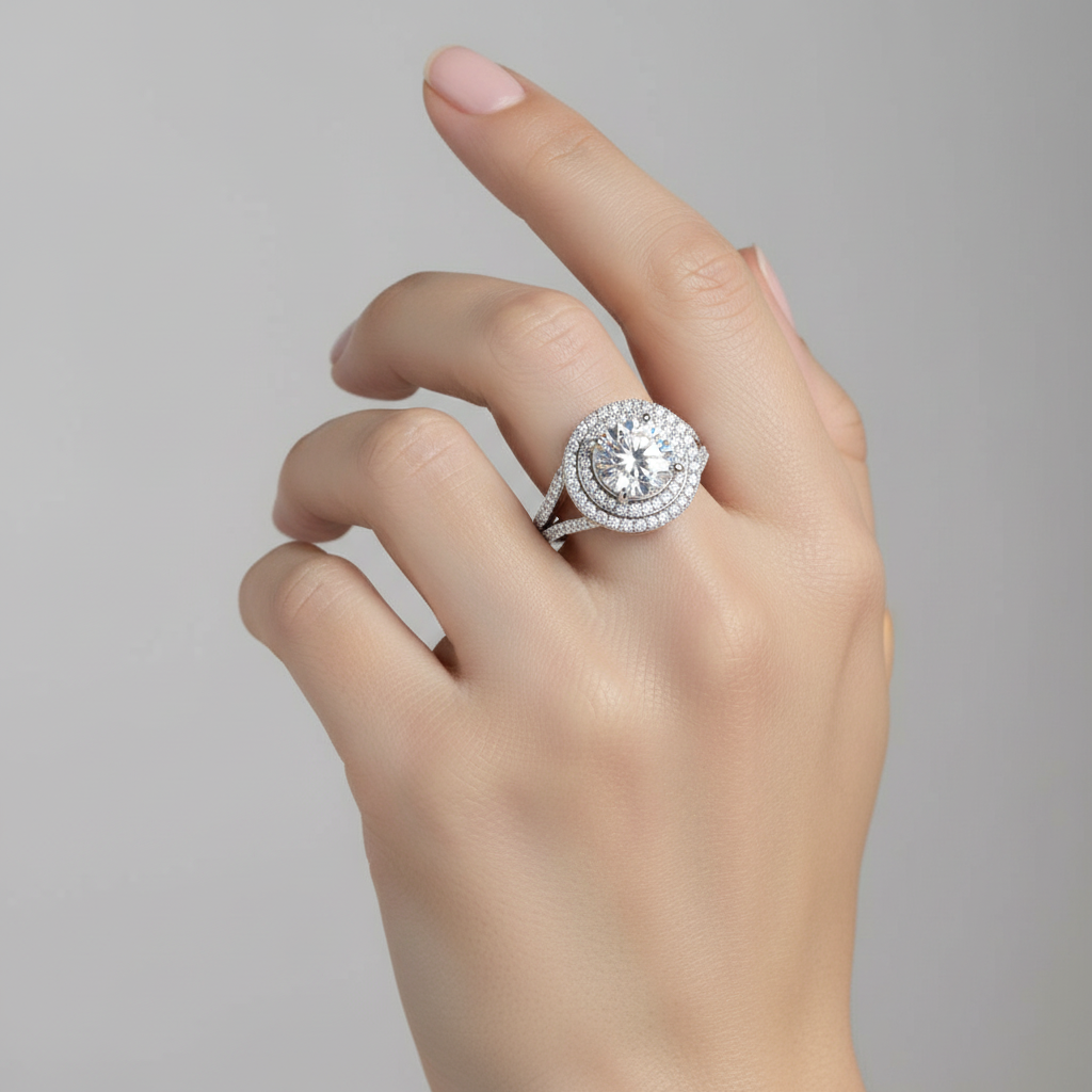 White gold round brilliant diamond double halo engagement ring with split shank pavé band on model