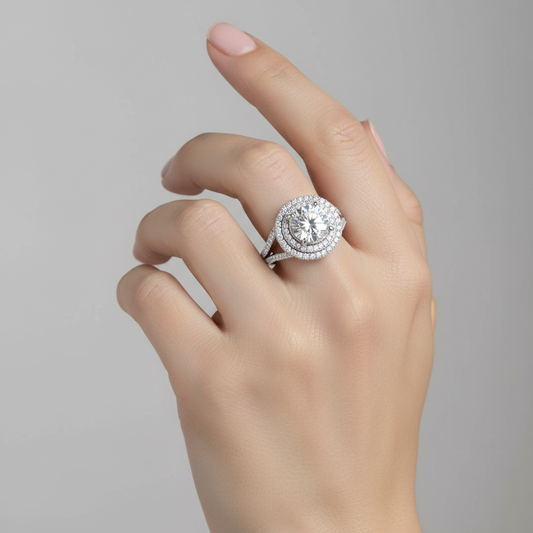 White gold round brilliant diamond double halo engagement ring with split shank pavé band on model