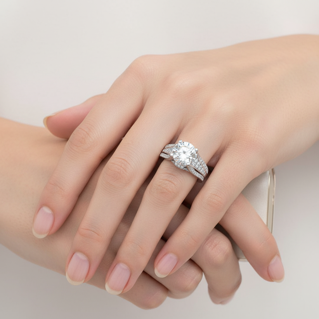 White gold round brilliant diamond engagement ring with hidden halo and triple-row split shank pavé band on model