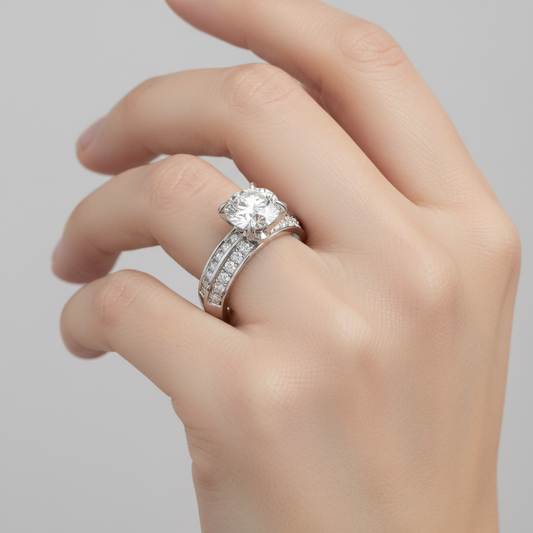 White gold round brilliant diamond engagement ring with triple-row pavé band on model