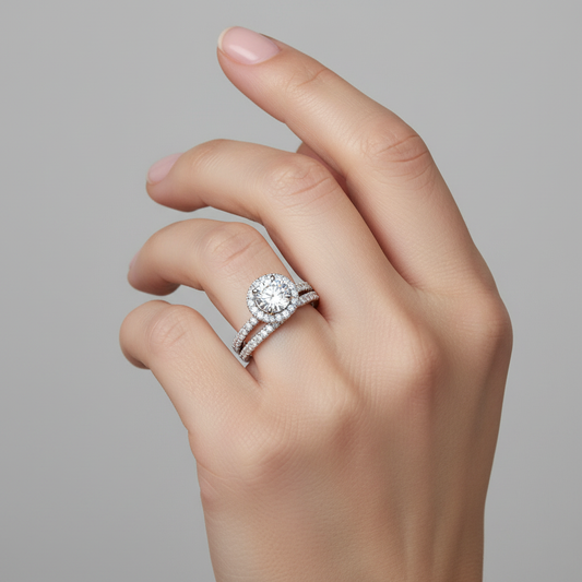 White gold round brilliant diamond halo engagement ring with double pavé band on model
