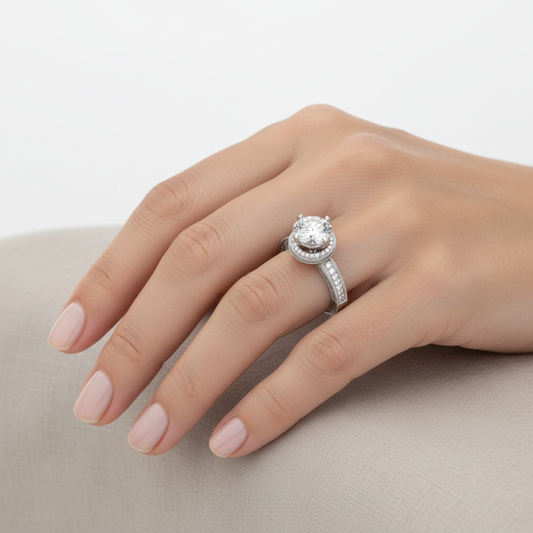 White gold round brilliant diamond halo engagement ring with vintage-inspired milgrain and pavé band on model