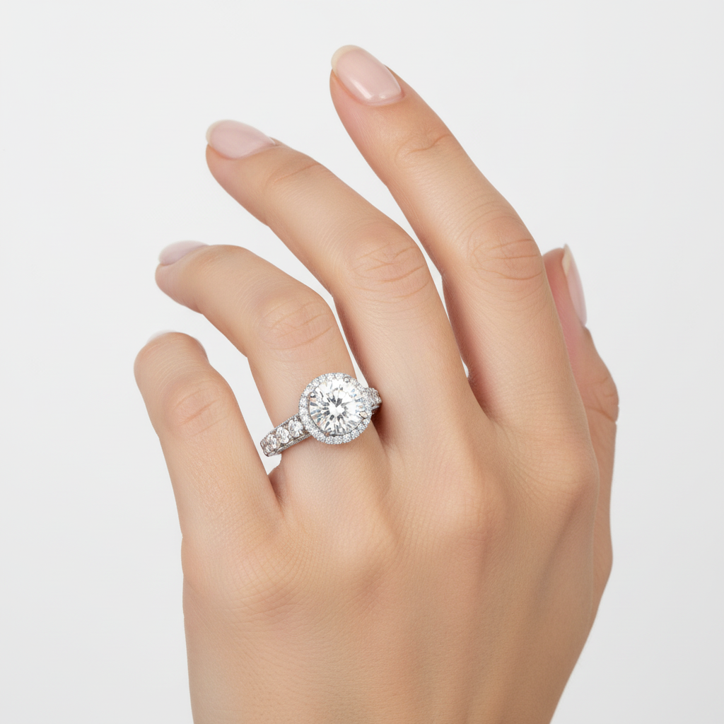 White gold round brilliant diamond halo engagement ring with vintage-inspired milgrain and shared prong diamond band on model