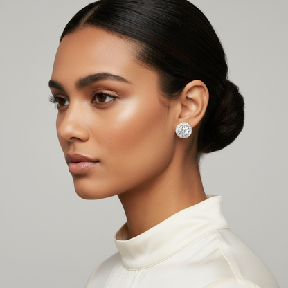 White gold round brilliant diamond halo stud earrings on model