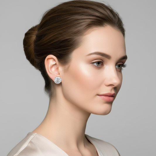 White gold round brilliant diamond halo stud earrings on model