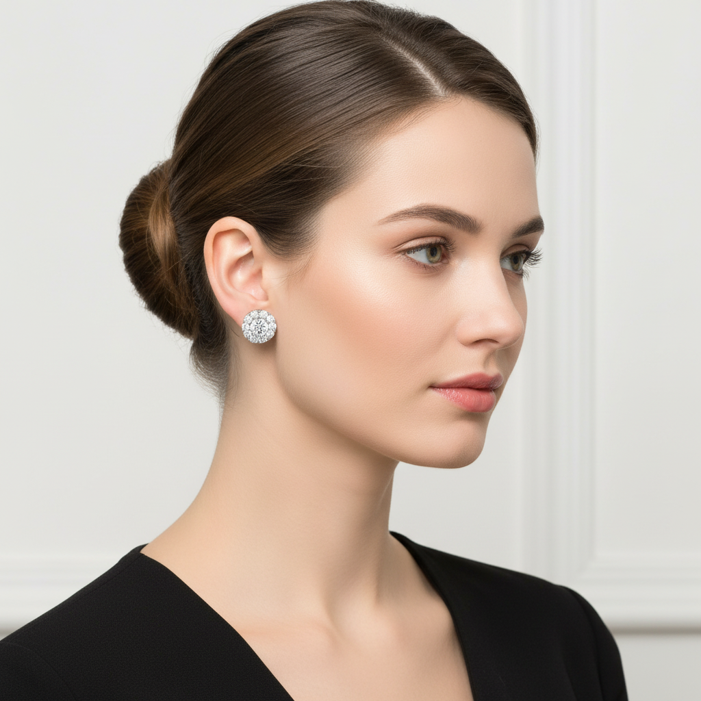 White gold round brilliant diamond halo stud earrings on model