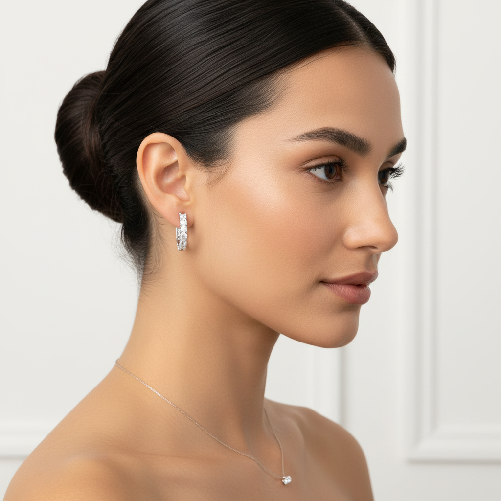 White gold round brilliant diamond hoop earrings on model