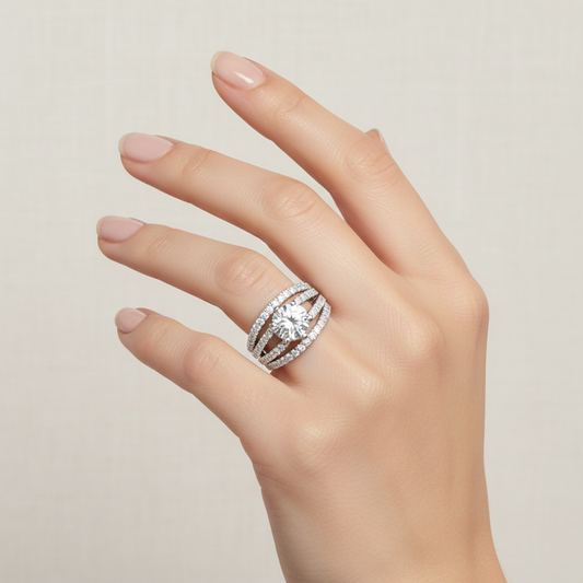 White gold round brilliant diamond solitaire engagement ring with multi-row pavé band on model