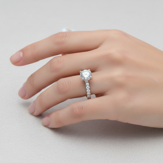 White gold round brilliant diamond solitaire engagement ring with pavé band on model