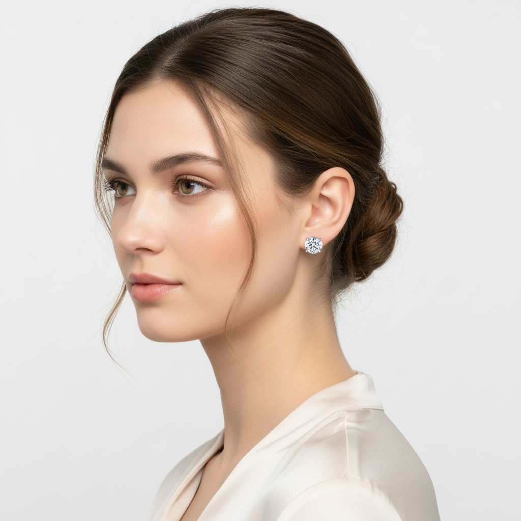 White gold round brilliant diamond stud earrings on model
