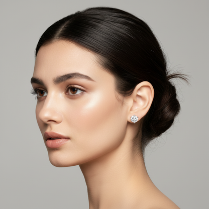 White gold round brilliant diamond stud earrings on model