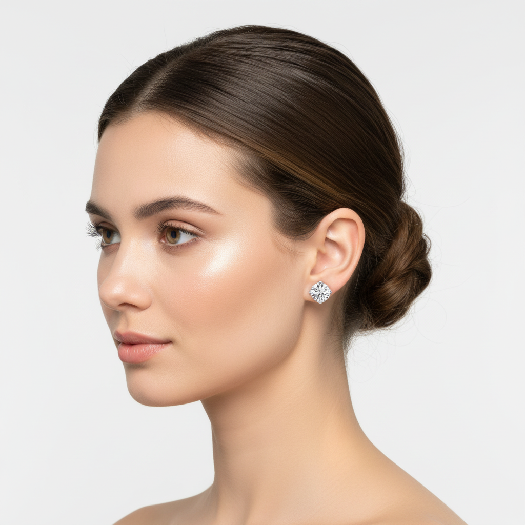 White gold round brilliant diamond stud earrings on model