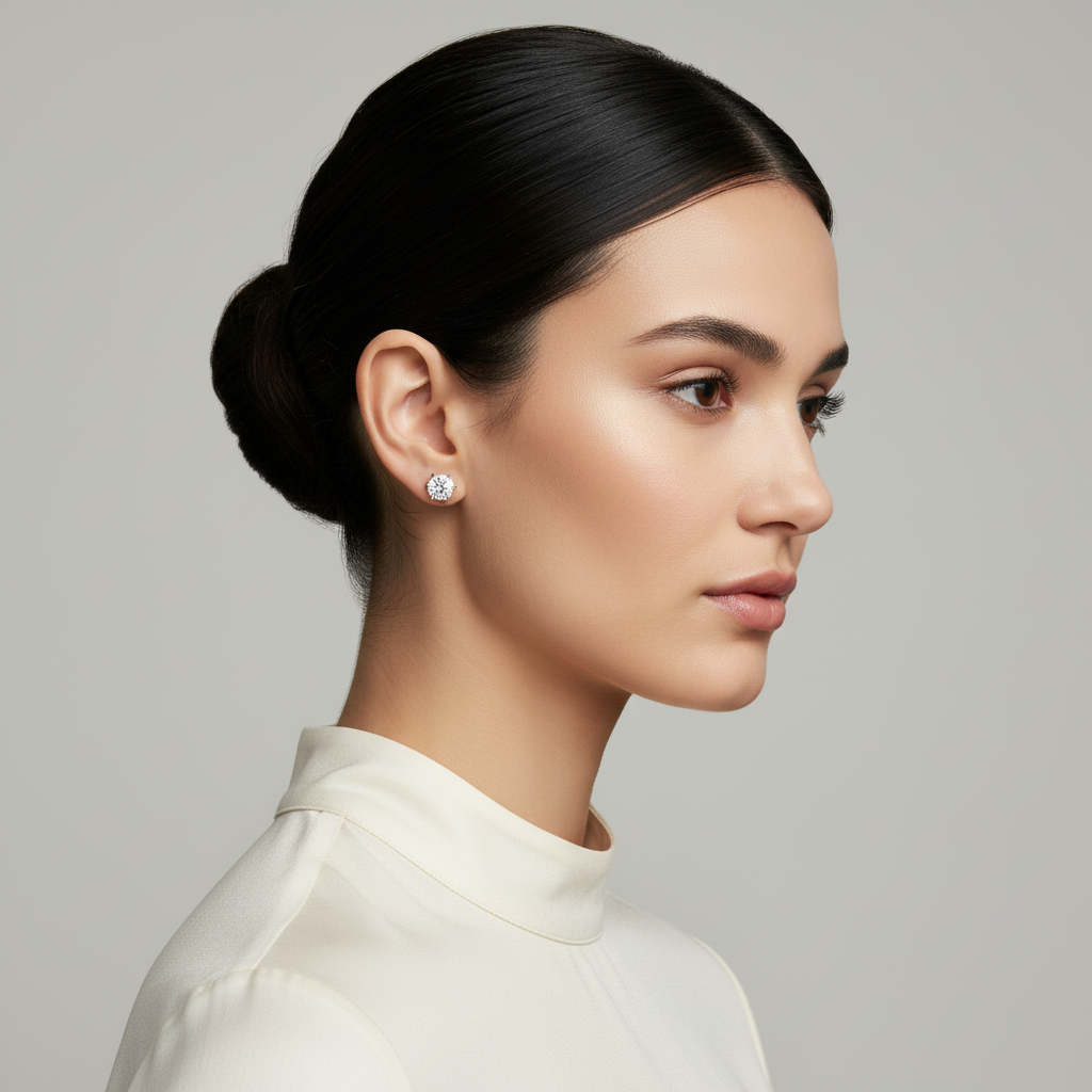 White gold round brilliant diamond stud earrings on model