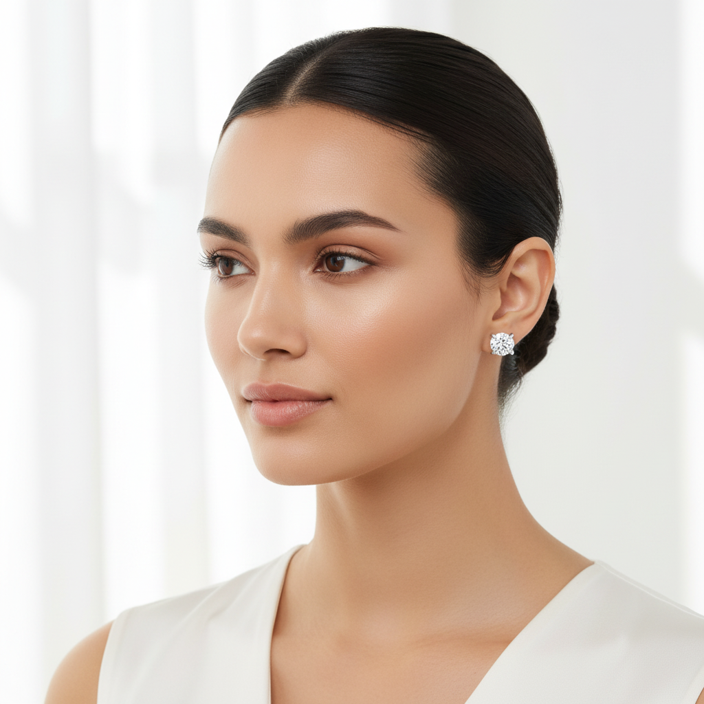 White gold round brilliant diamond stud earrings on model