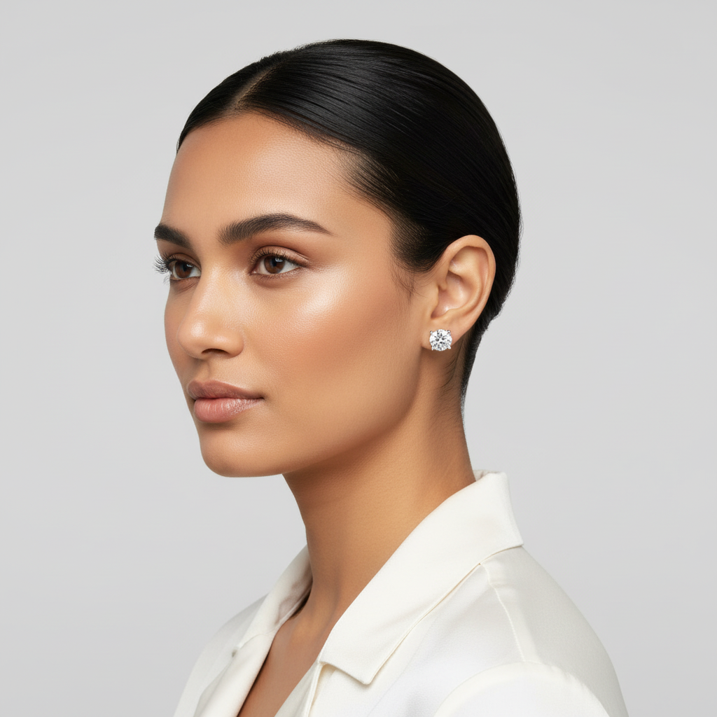 White gold round brilliant diamond stud earrings on model