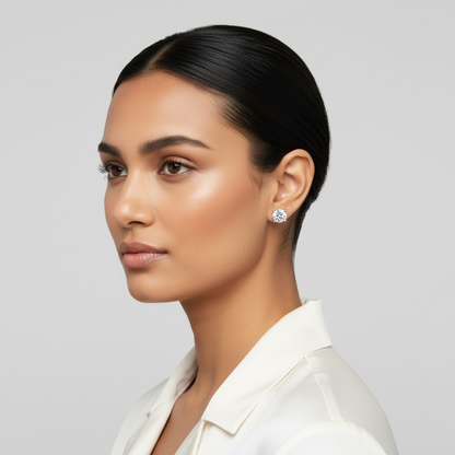 White gold round brilliant diamond stud earrings on model