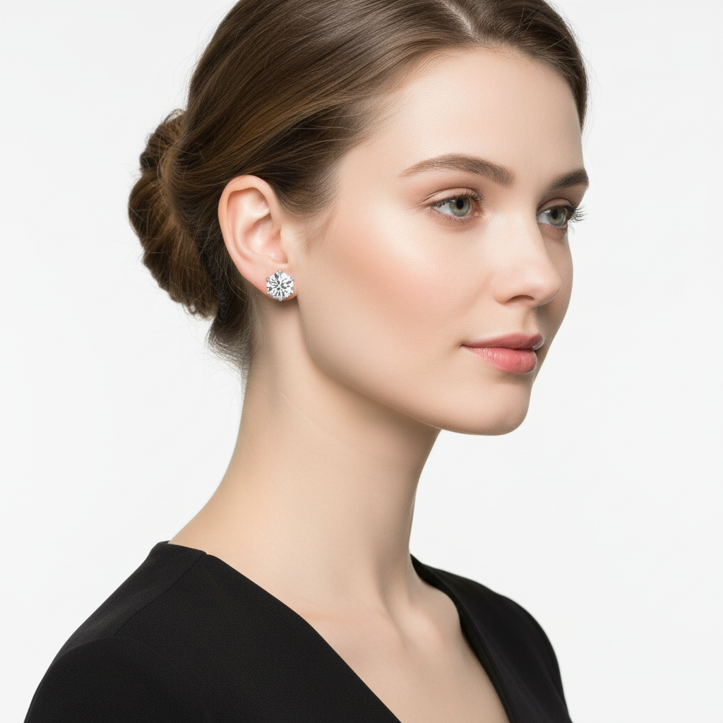 White gold round brilliant diamond stud earrings on model
