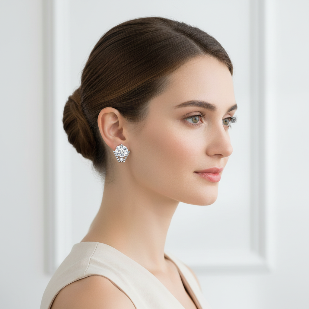 White gold round brilliant diamond stud earrings with V-shaped accent on model
