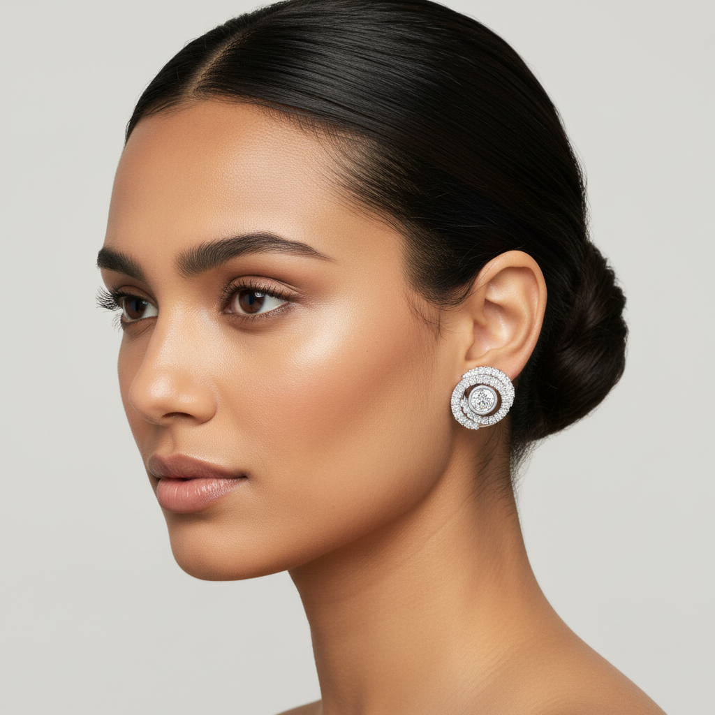 White gold round brilliant diamond triple halo stud earrings on model