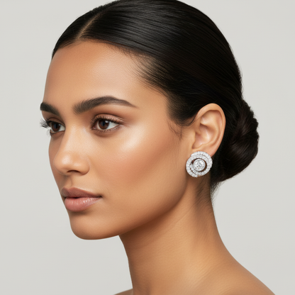 White gold round brilliant diamond triple halo stud earrings on model