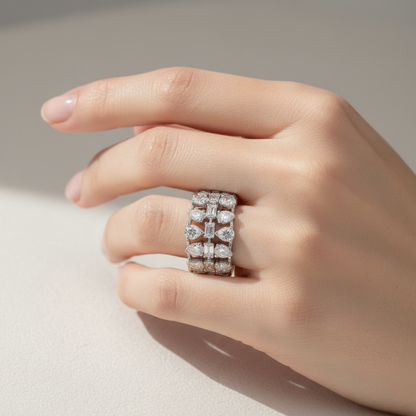 White gold triple-row mixed-cut diamond eternity ring on model