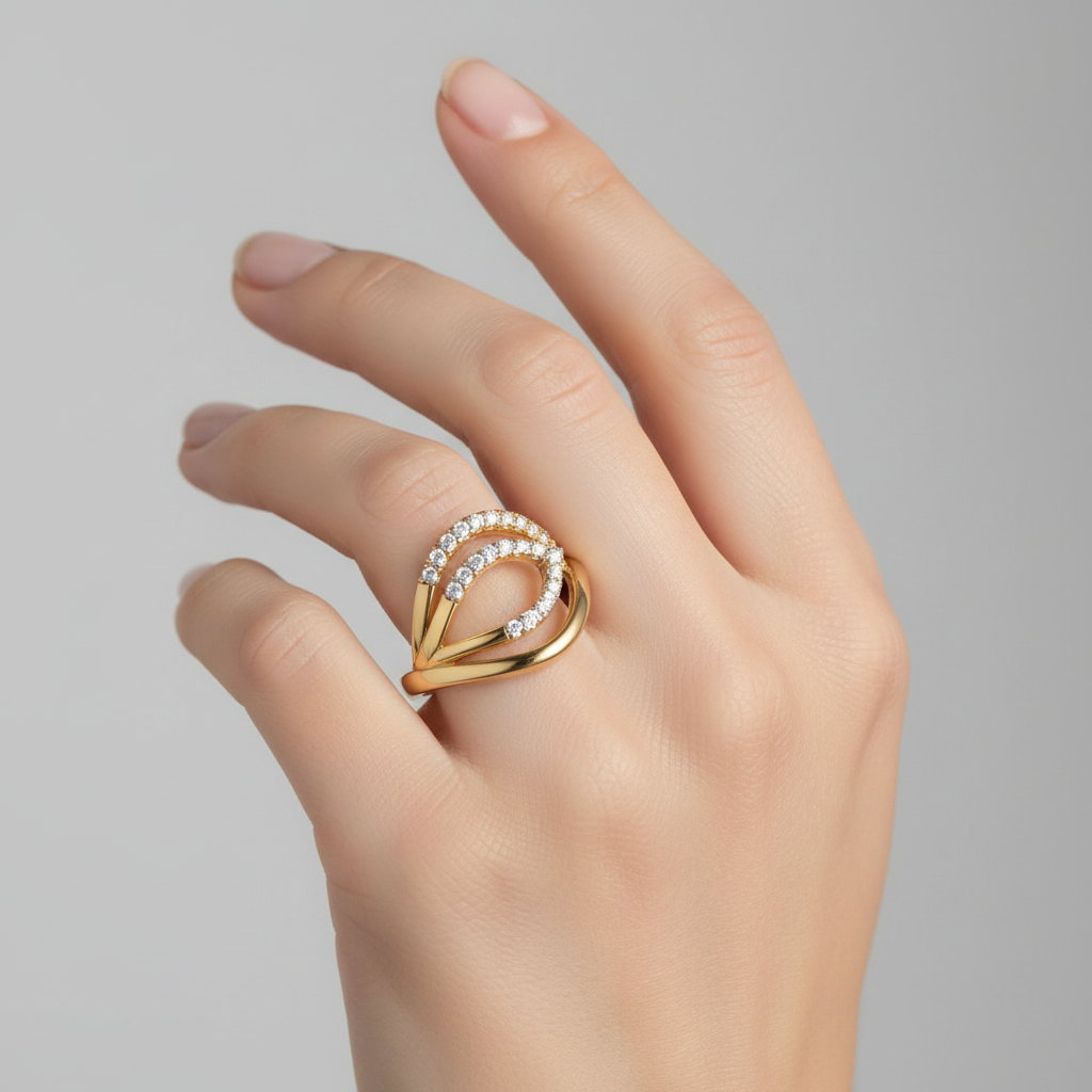 Yellow gold abstract wave diamond ring on model
