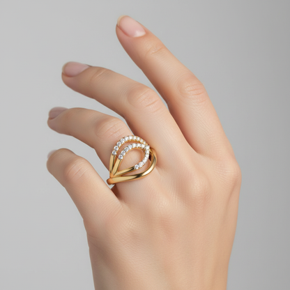 Yellow gold abstract wave diamond ring on model