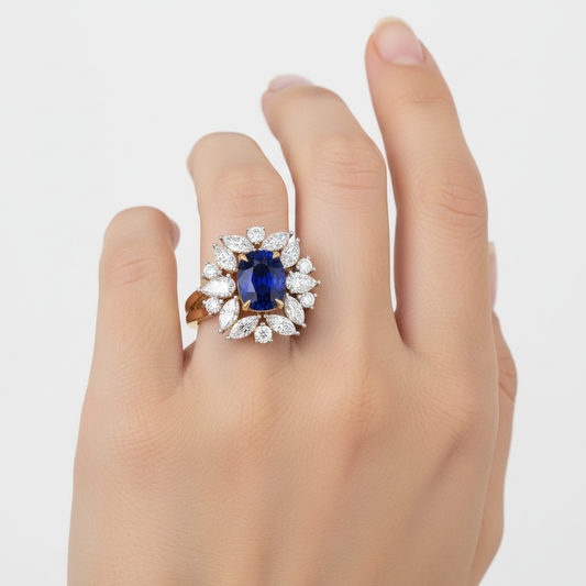 Yellow gold cushion-cut blue sapphire and diamond cluster ring on model