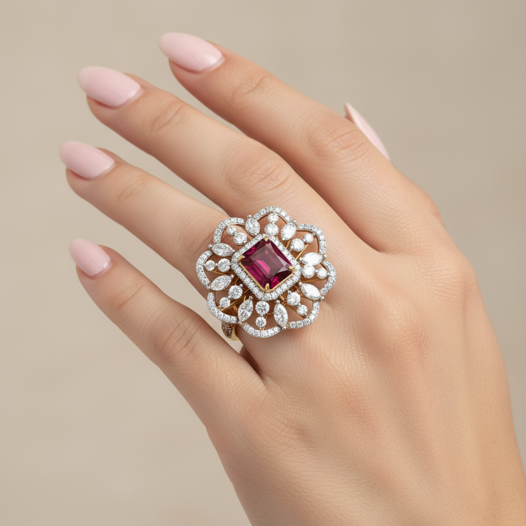 Yellow gold cushion-cut ruby and mixed-cut diamond floral cluster cocktail ring on model
