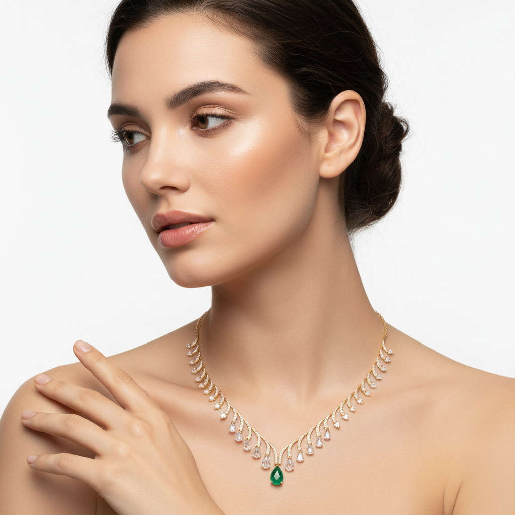 Yellow gold diamond and emerald fringe necklace on model
