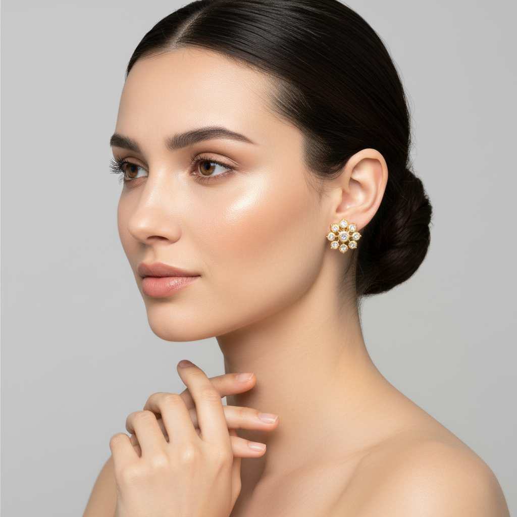 Yellow gold diamond cluster flower stud earrings on model
