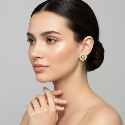 Yellow gold diamond cluster flower stud earrings on model