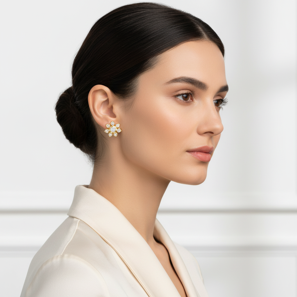 Yellow gold diamond flower stud earrings on model