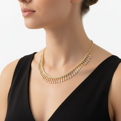 Yellow gold diamond fringe necklace on model