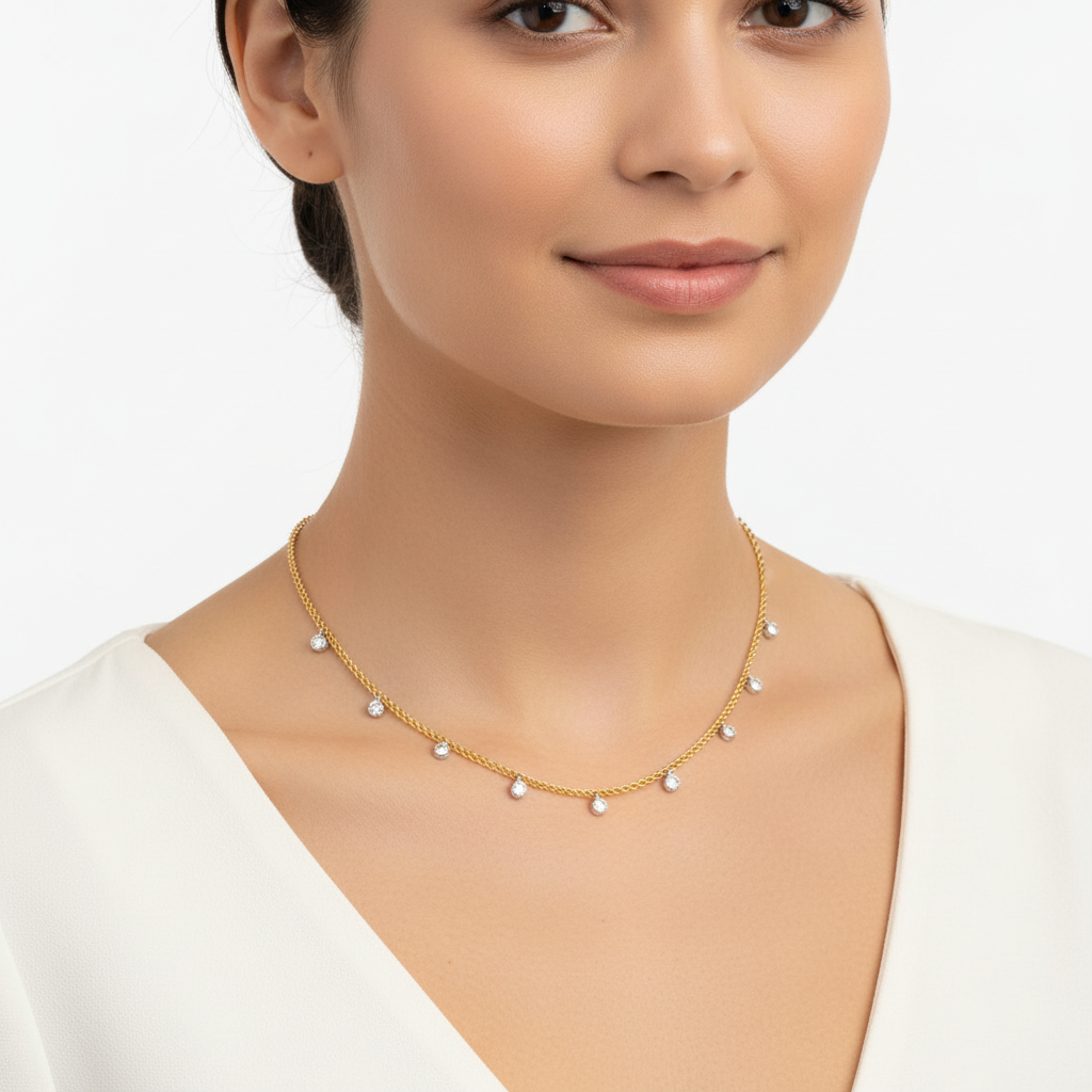 Yellow gold diamond fringe necklace on model