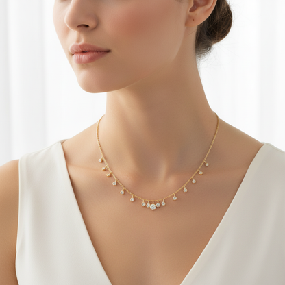 Yellow gold diamond fringe necklace on model
