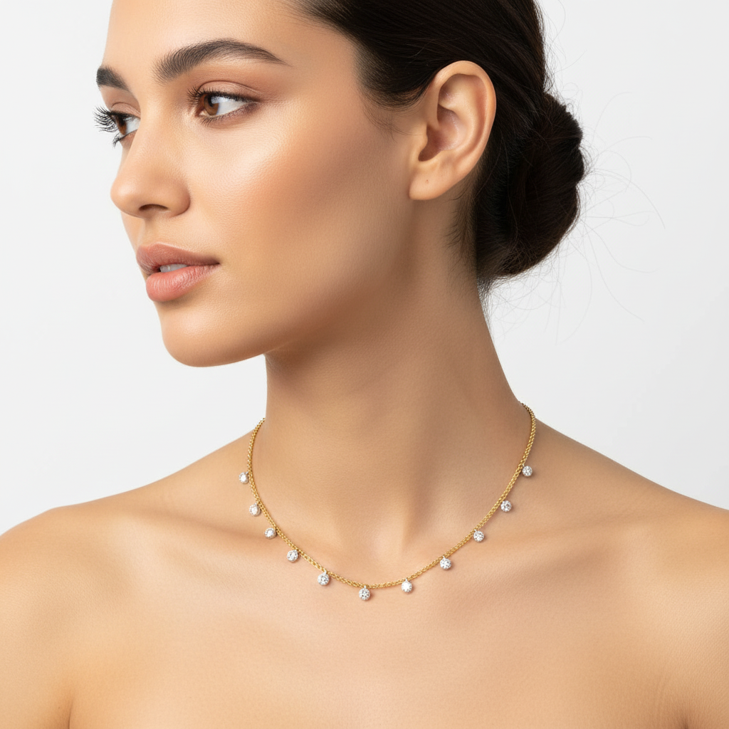 Yellow gold diamond fringe necklace on model