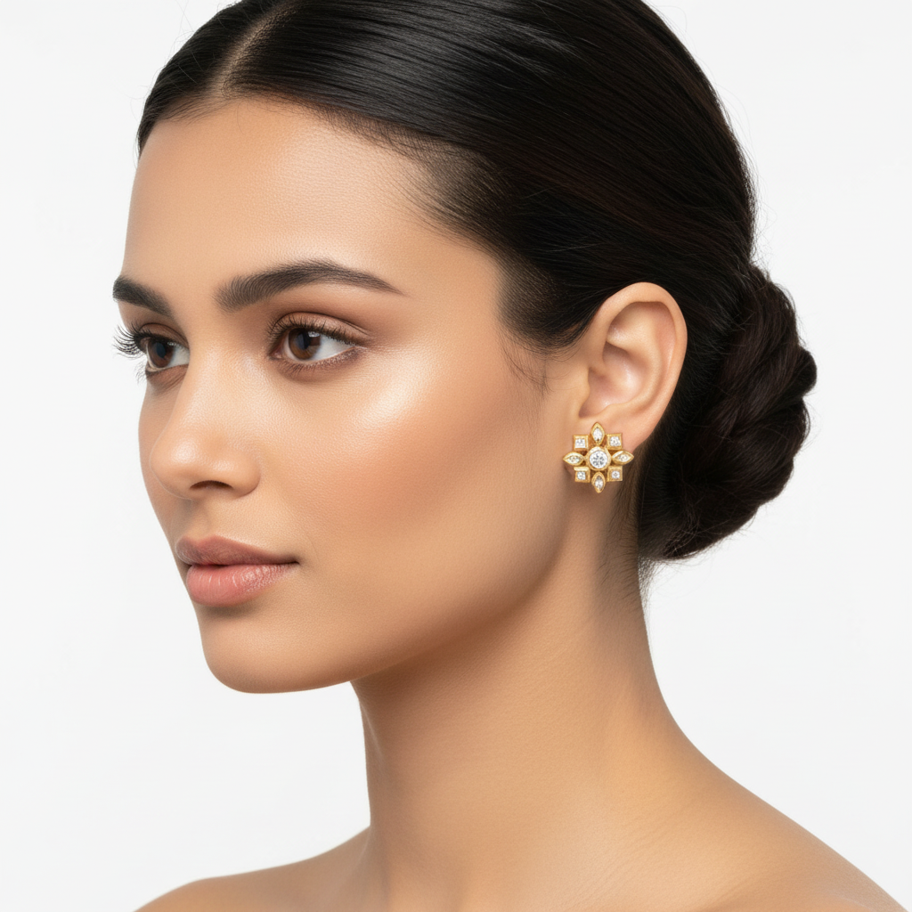 Yellow gold diamond geometric flower stud earrings on model