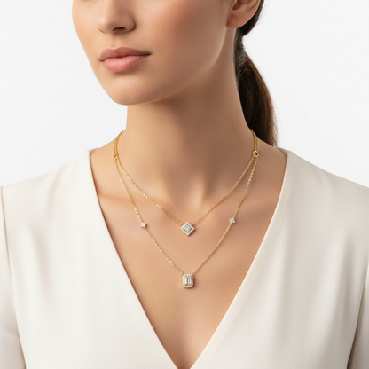 Yellow gold diamond layered necklace on model