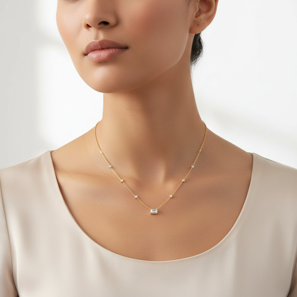 Yellow gold diamond station necklace with emerald-cut pendant on model
