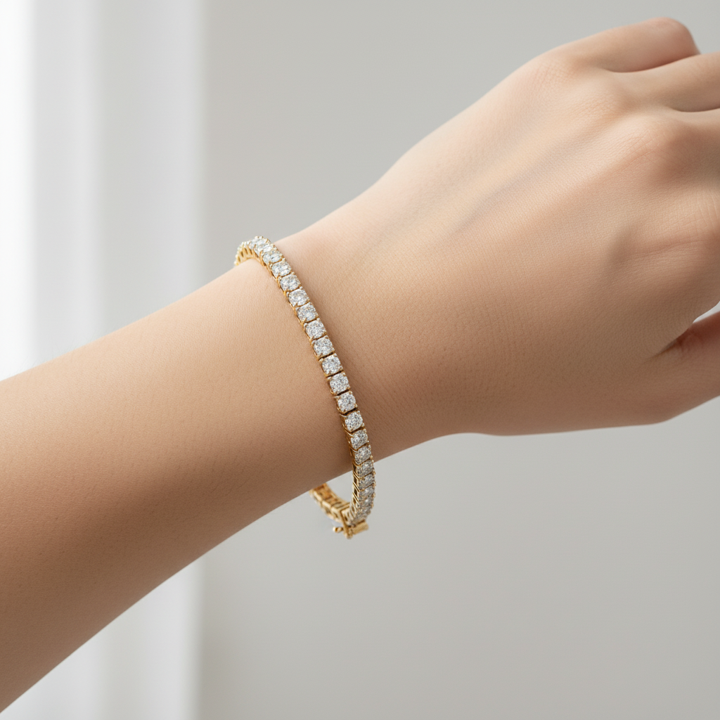 Yellow gold diamond tennis bracelet on model