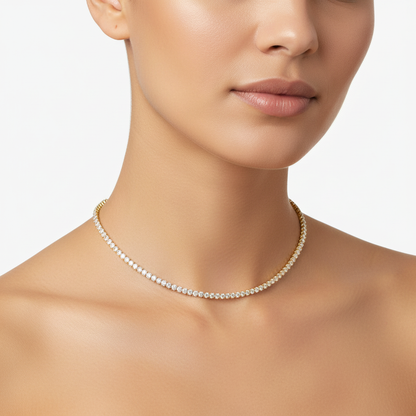 Yellow gold diamond tennis necklace on model